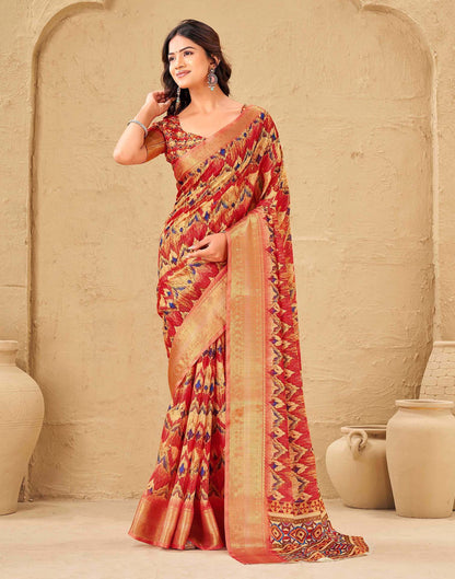 Coral Red Silk Printed Woven Border Saree
