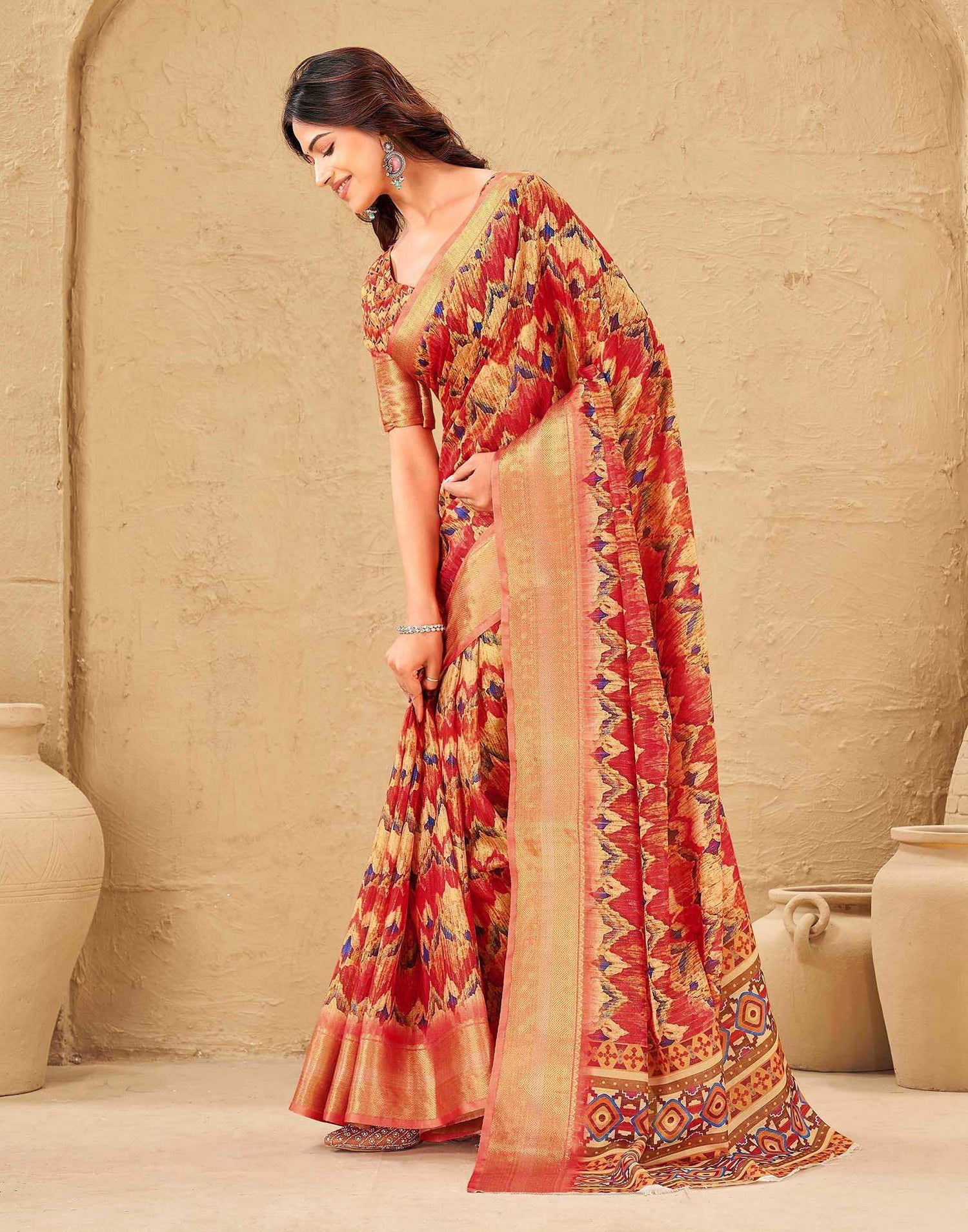 Coral Red Silk Printed Woven Border Saree