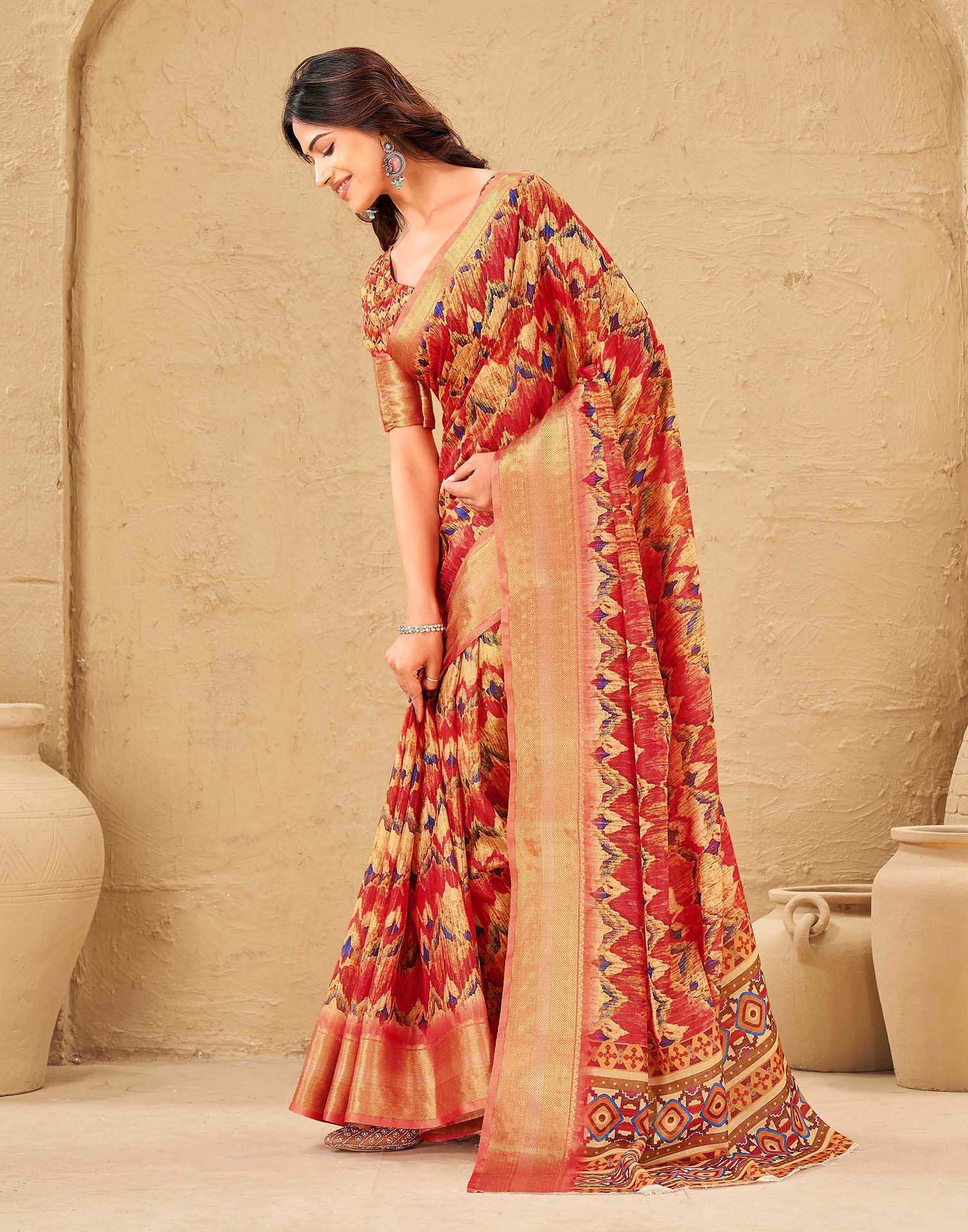 Coral Red Silk Printed Woven Border Saree