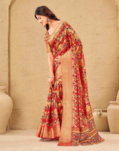 Coral Red Silk Printed Woven Border Saree