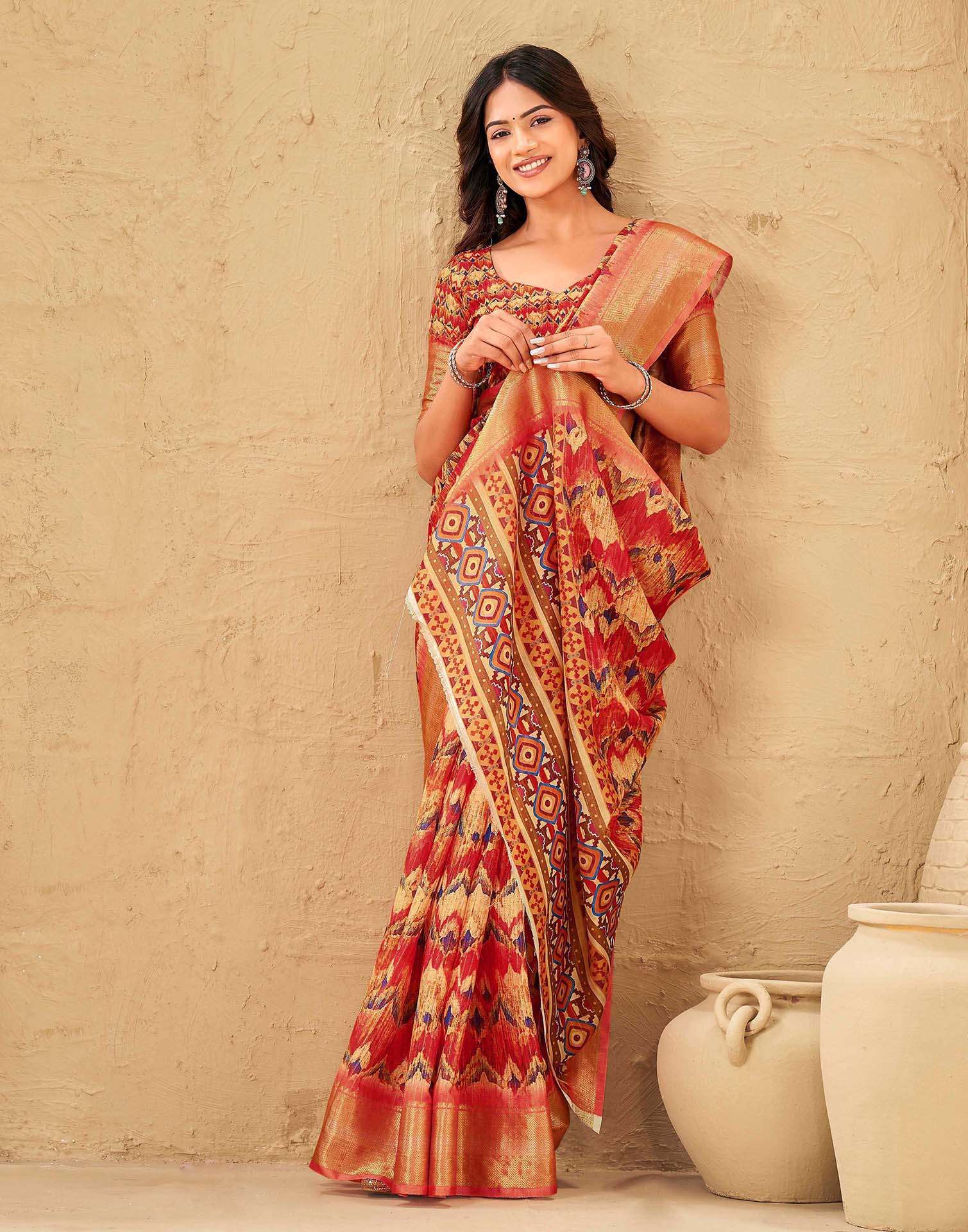 Coral Red Silk Printed Woven Border Saree