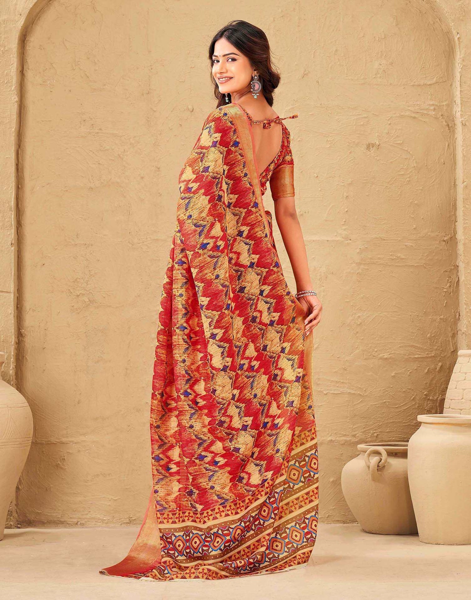 Coral Red Silk Printed Woven Border Saree