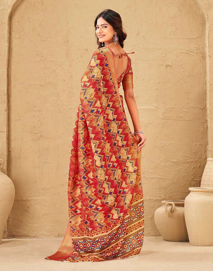 Coral Red Silk Printed Woven Border Saree