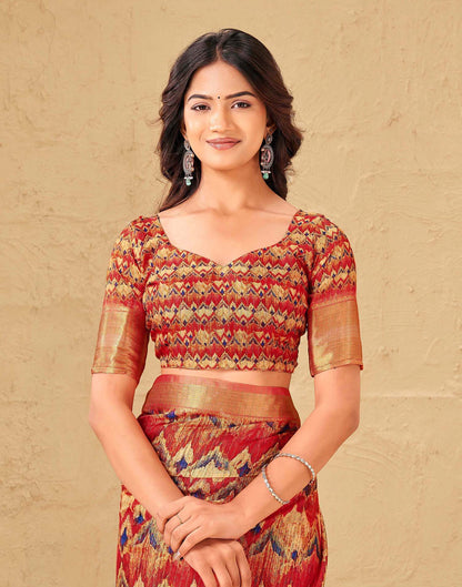 Coral Red Silk Printed Woven Border Saree