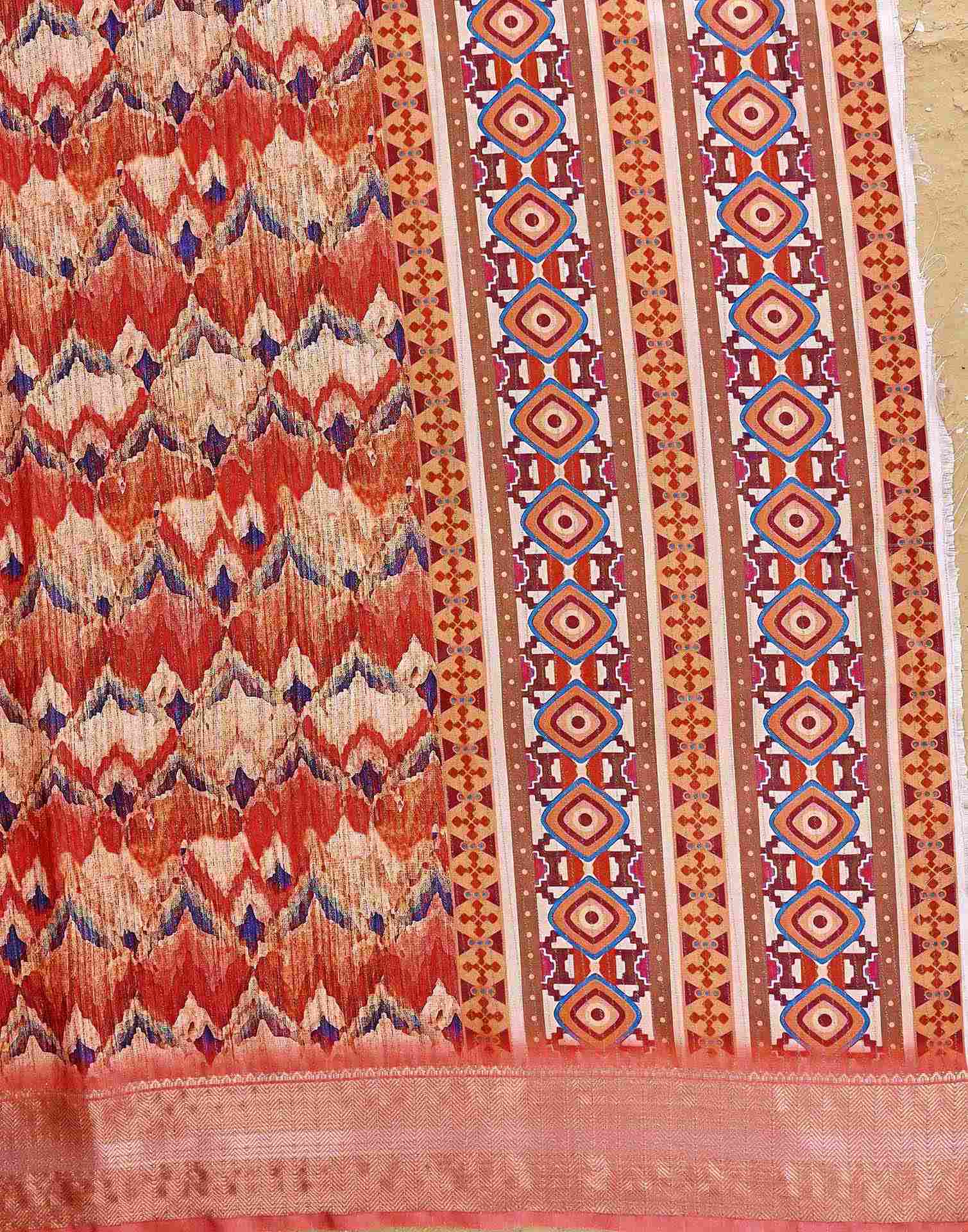 Coral Red Silk Printed Woven Border Saree