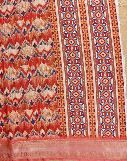 Coral Red Silk Printed Woven Border Saree