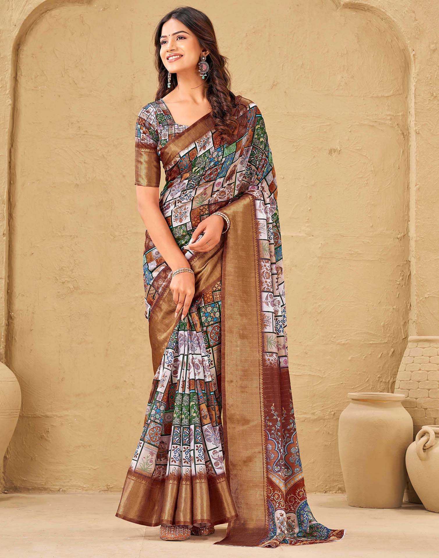Multicoloured Silk Printed Woven Border Saree