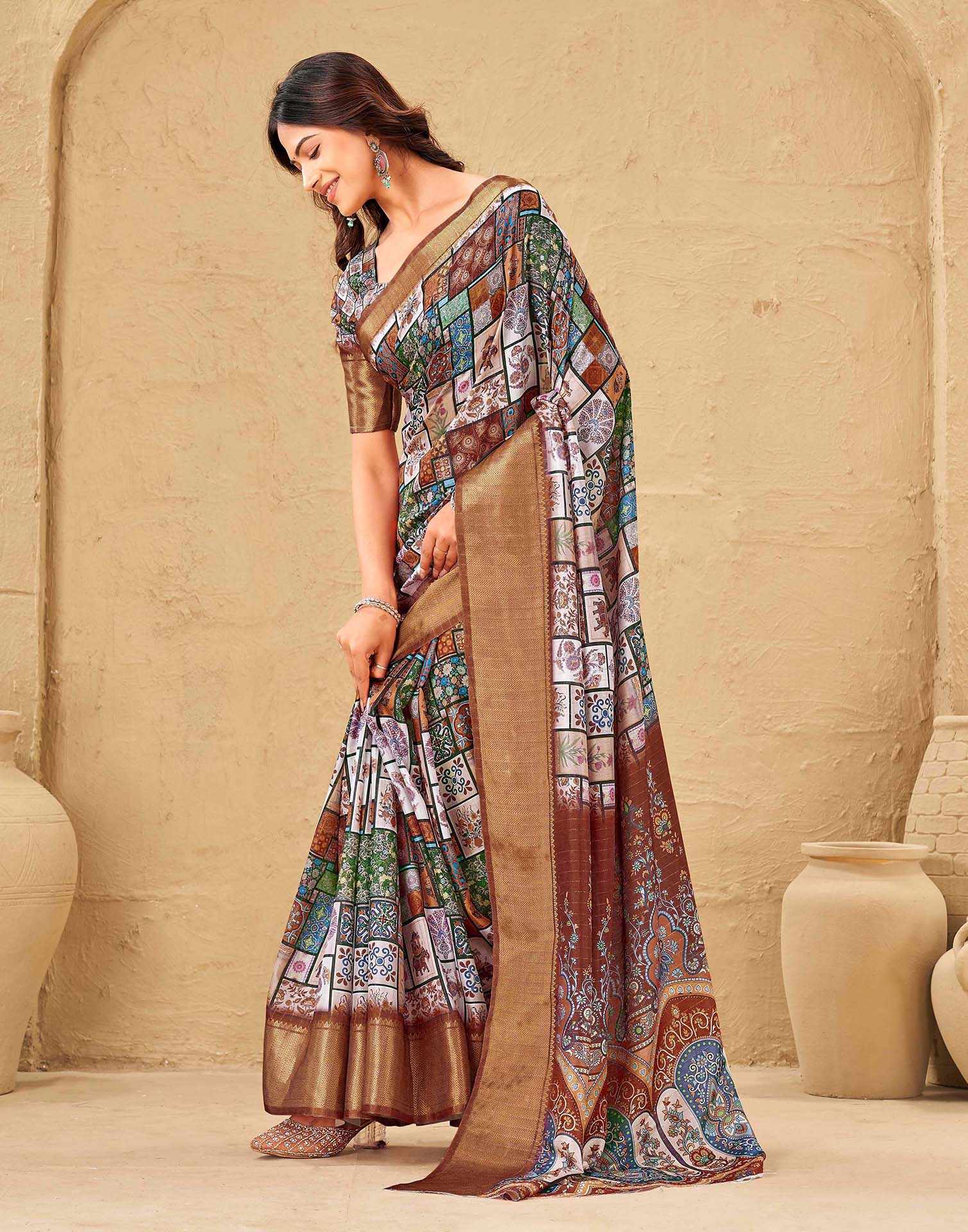 Multicoloured Silk Printed Woven Border Saree