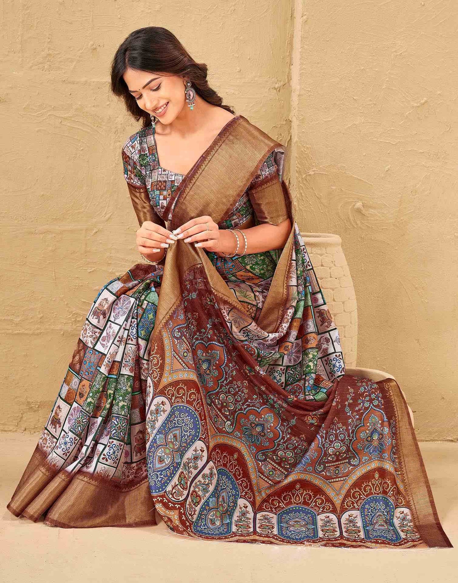 Multicoloured Silk Printed Woven Border Saree