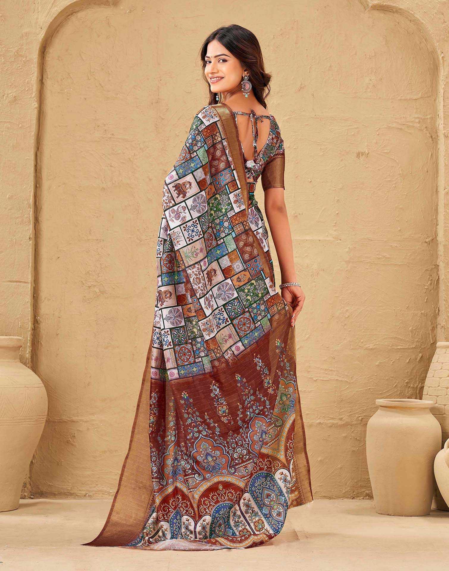 Multicoloured Silk Printed Woven Border Saree
