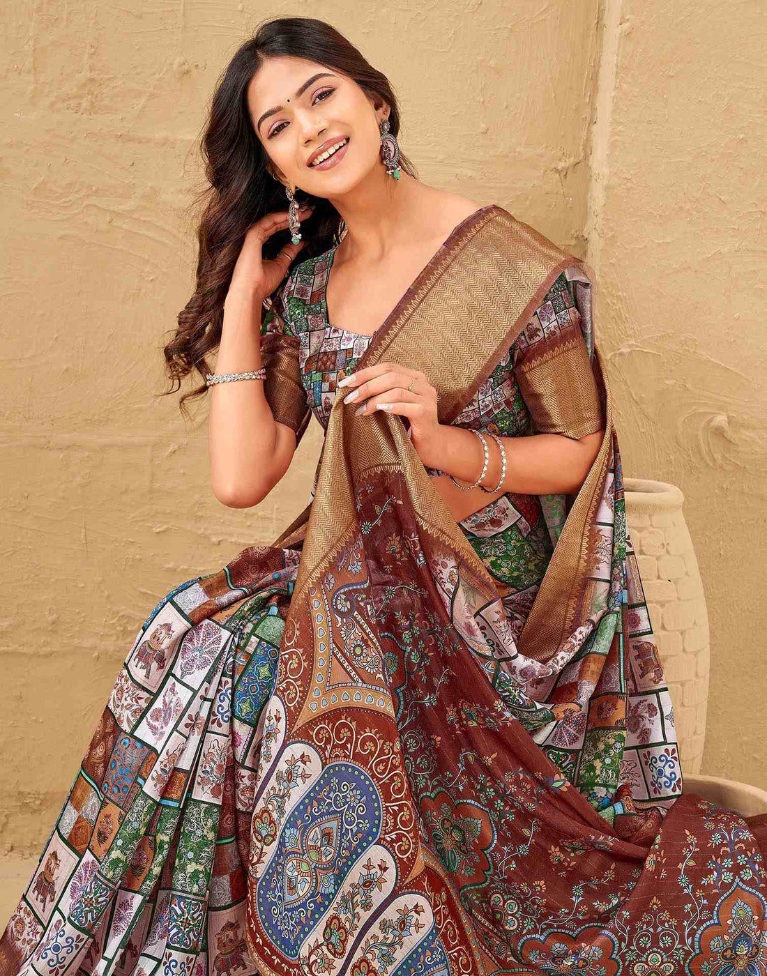 Multicoloured Silk Printed Woven Border Saree