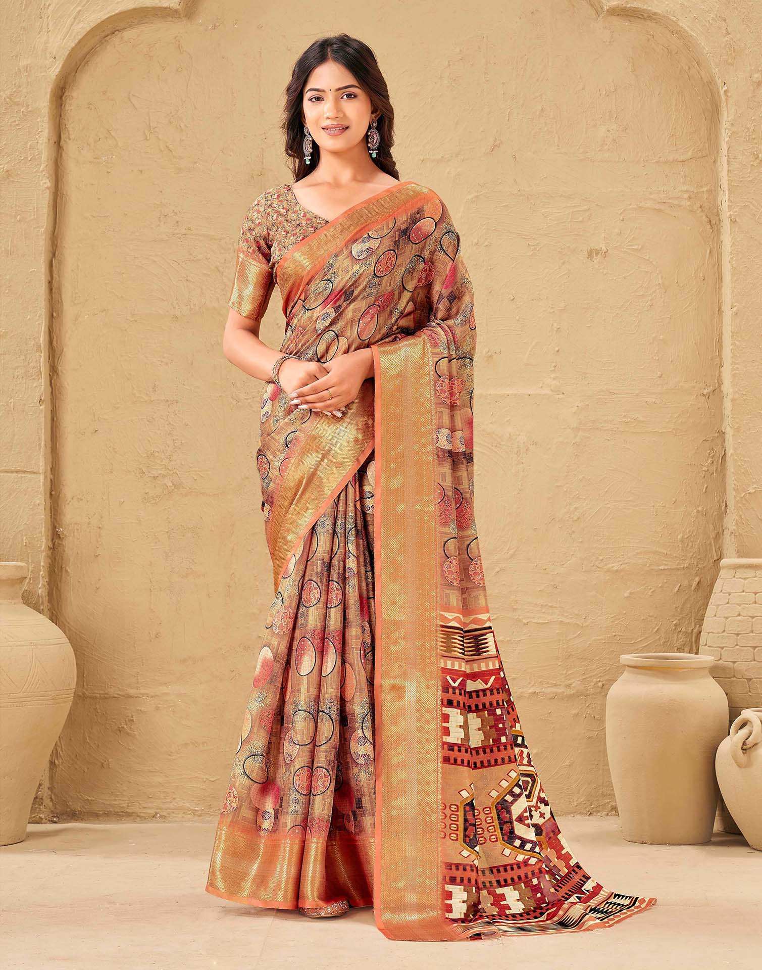 Brown Silk Printed Woven Border Saree