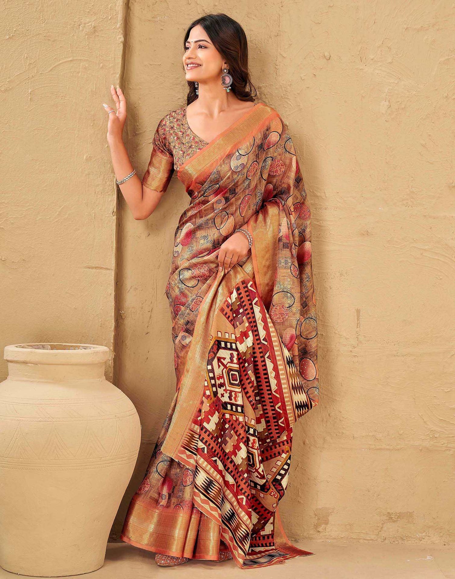 Brown Silk Printed Woven Border Saree