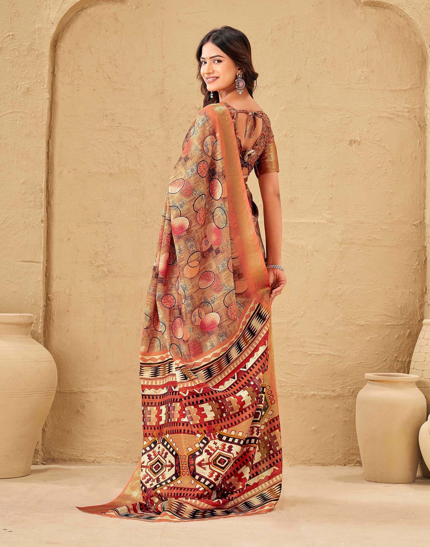 Brown Silk Printed Woven Border Saree