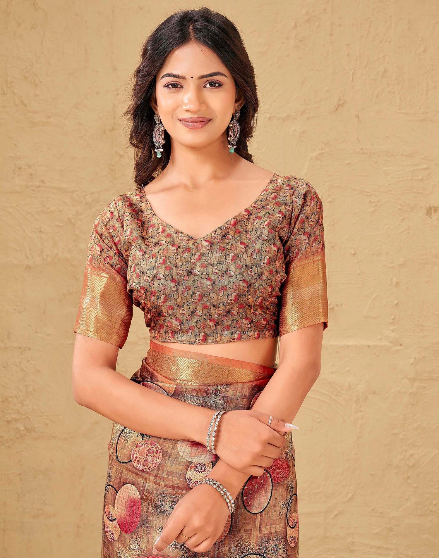 Brown Silk Printed Woven Border Saree