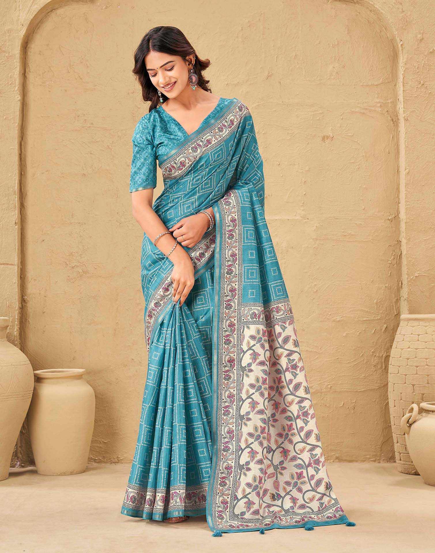 Blue Silk Bandhani Printed Saree