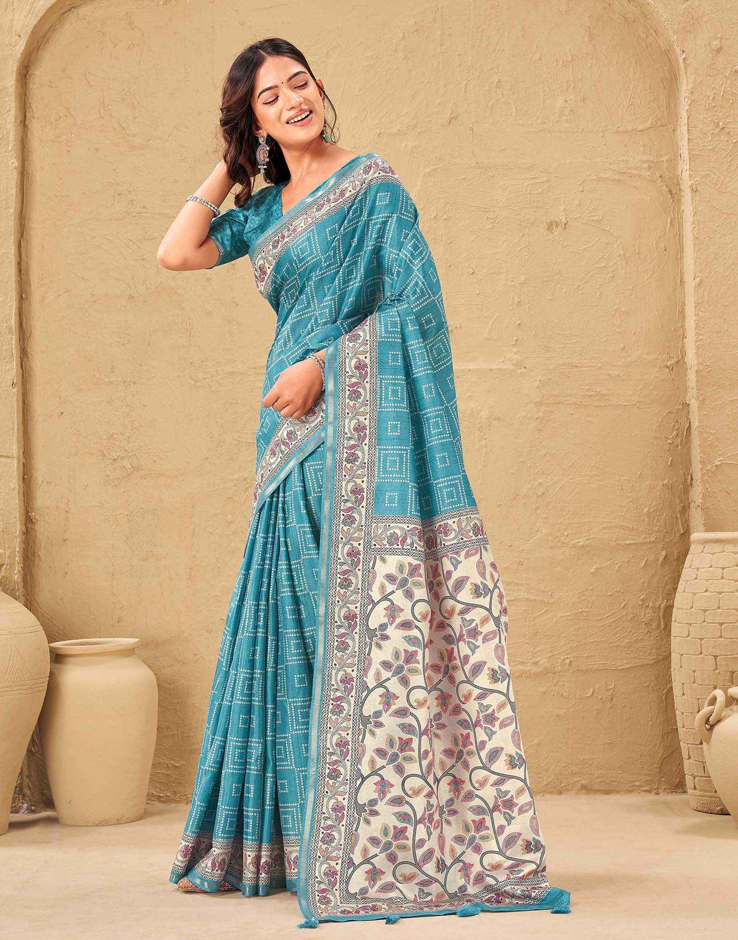Blue Silk Bandhani Printed Saree