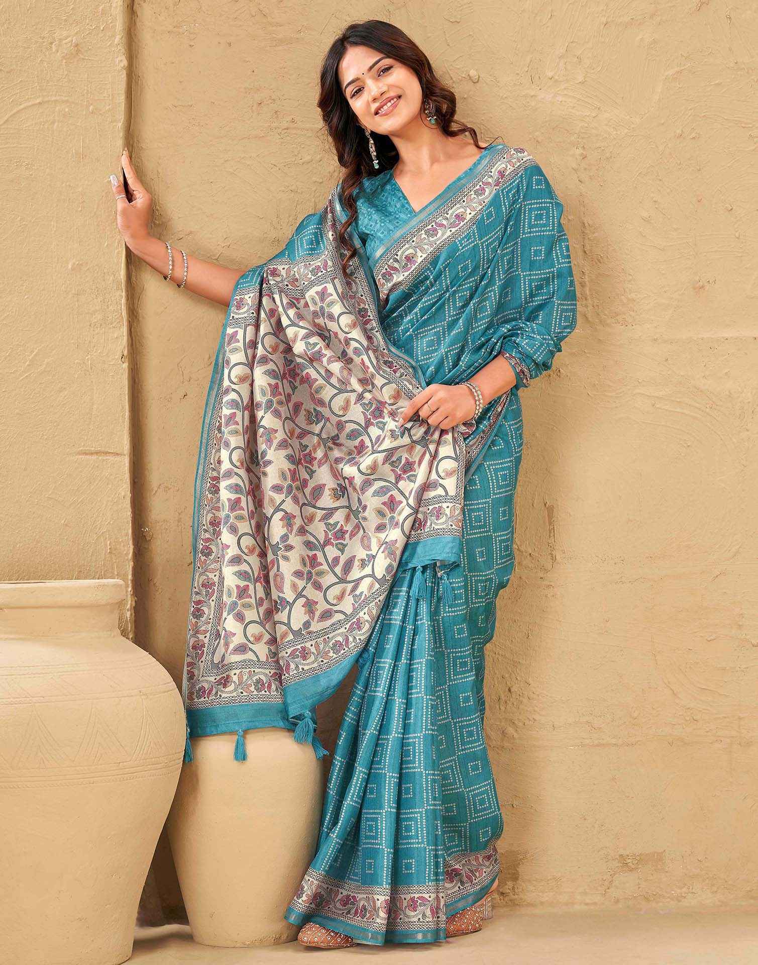 Blue Silk Bandhani Printed Saree