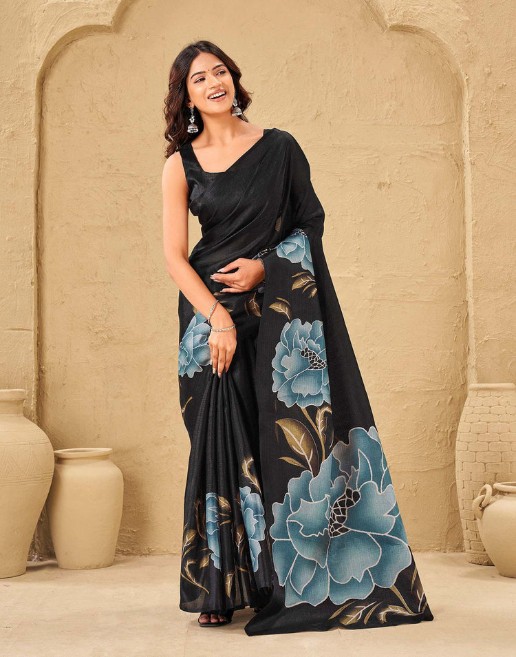 Black Khadi Floral Printed Saree