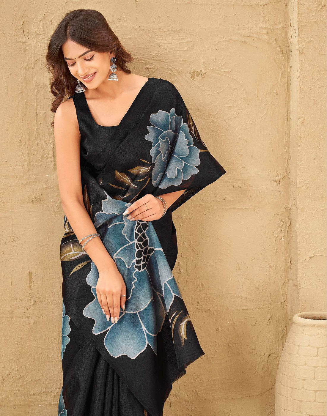 Black Khadi Floral Printed Saree
