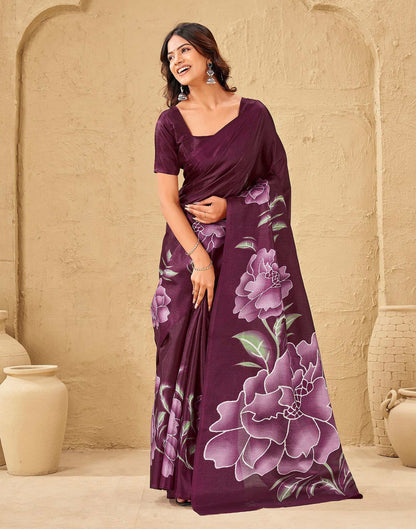 Dark Magenta Khadi Floral Printed Saree