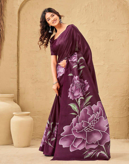 Dark Magenta Khadi Floral Printed Saree