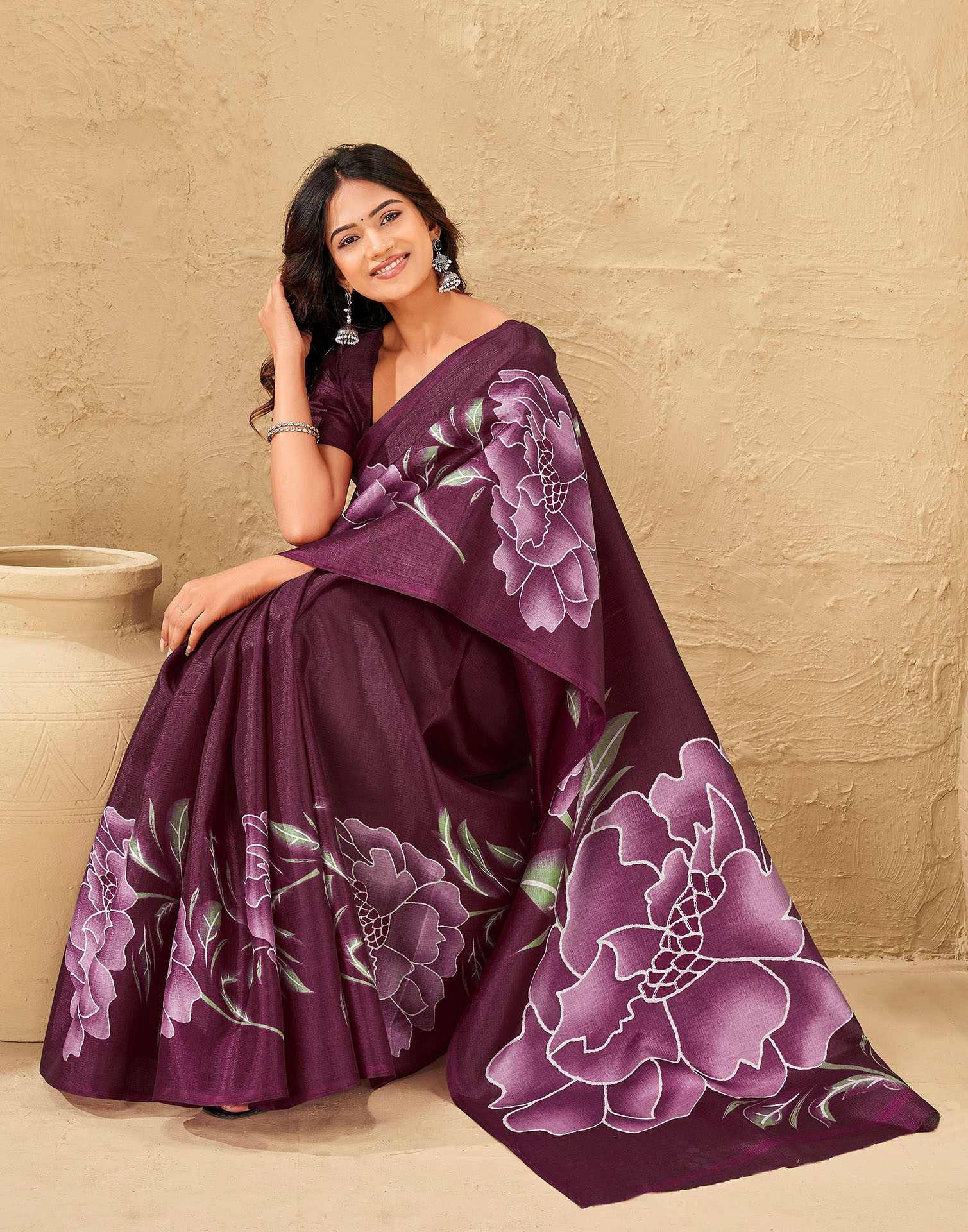 Dark Magenta Khadi Floral Printed Saree