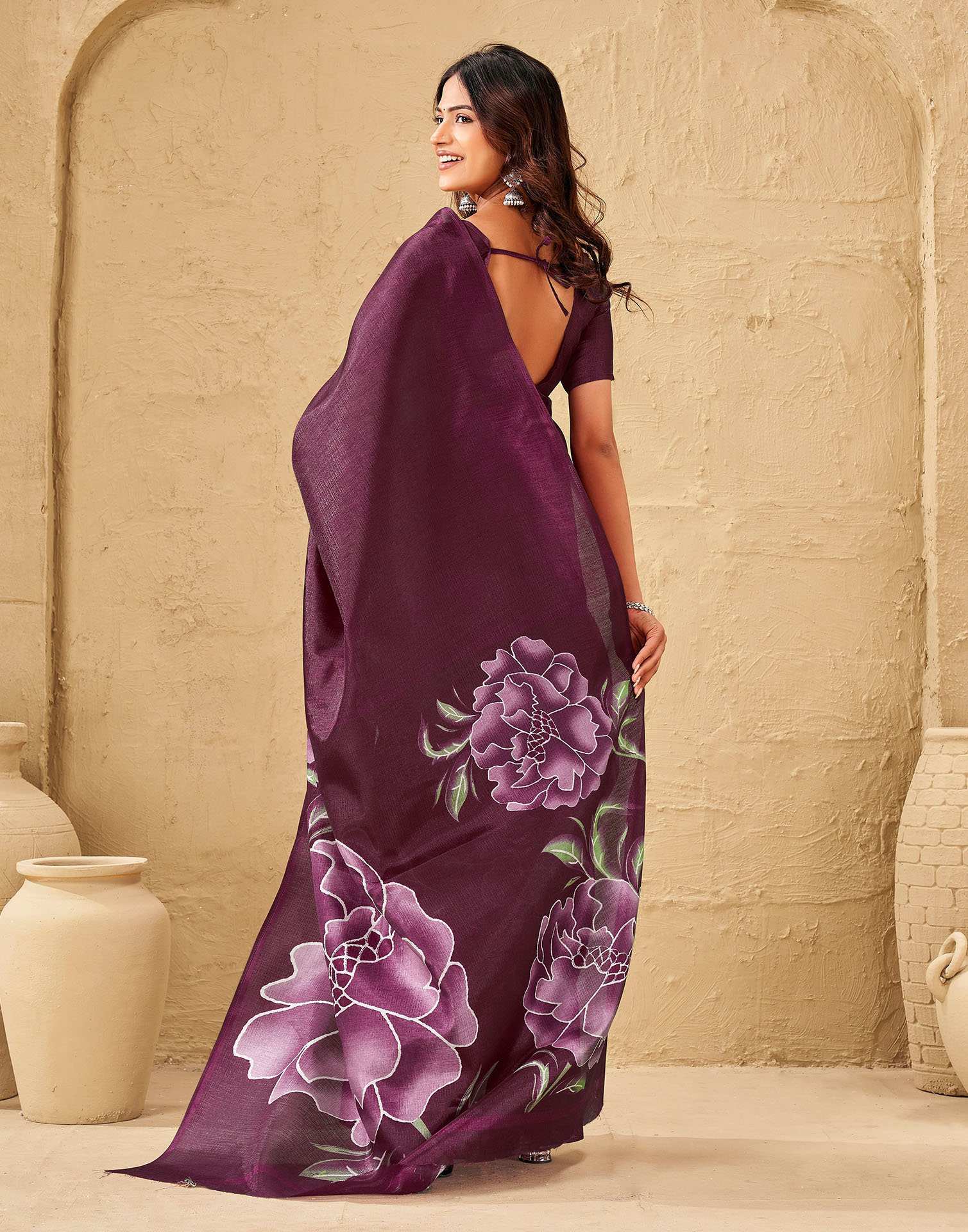 Dark Magenta Khadi Floral Printed Saree