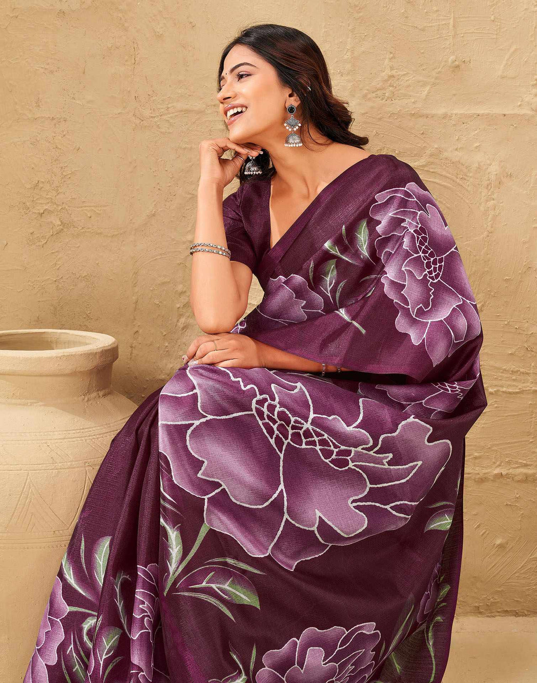 Dark Magenta Khadi Floral Printed Saree