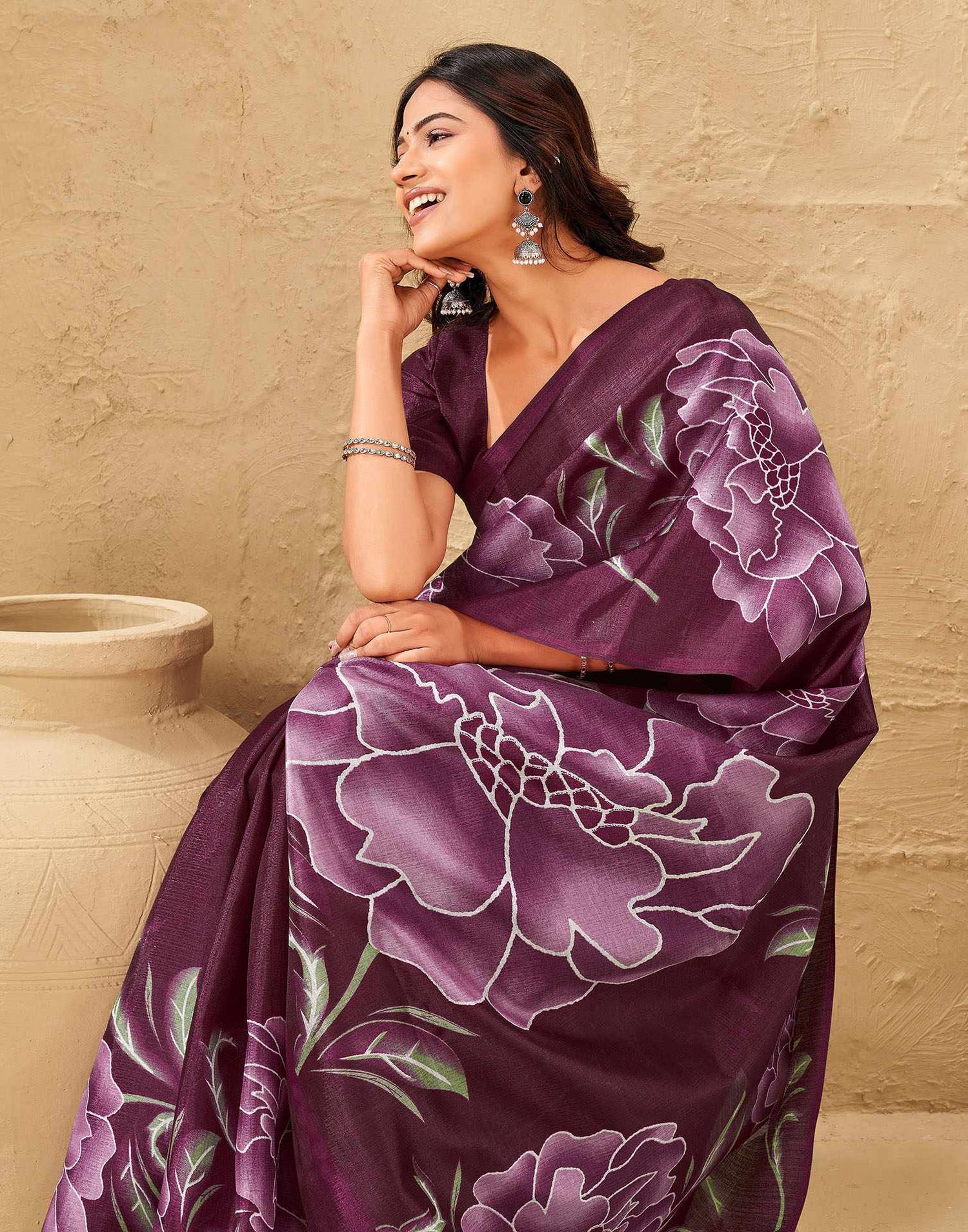 Dark Magenta Khadi Floral Printed Saree