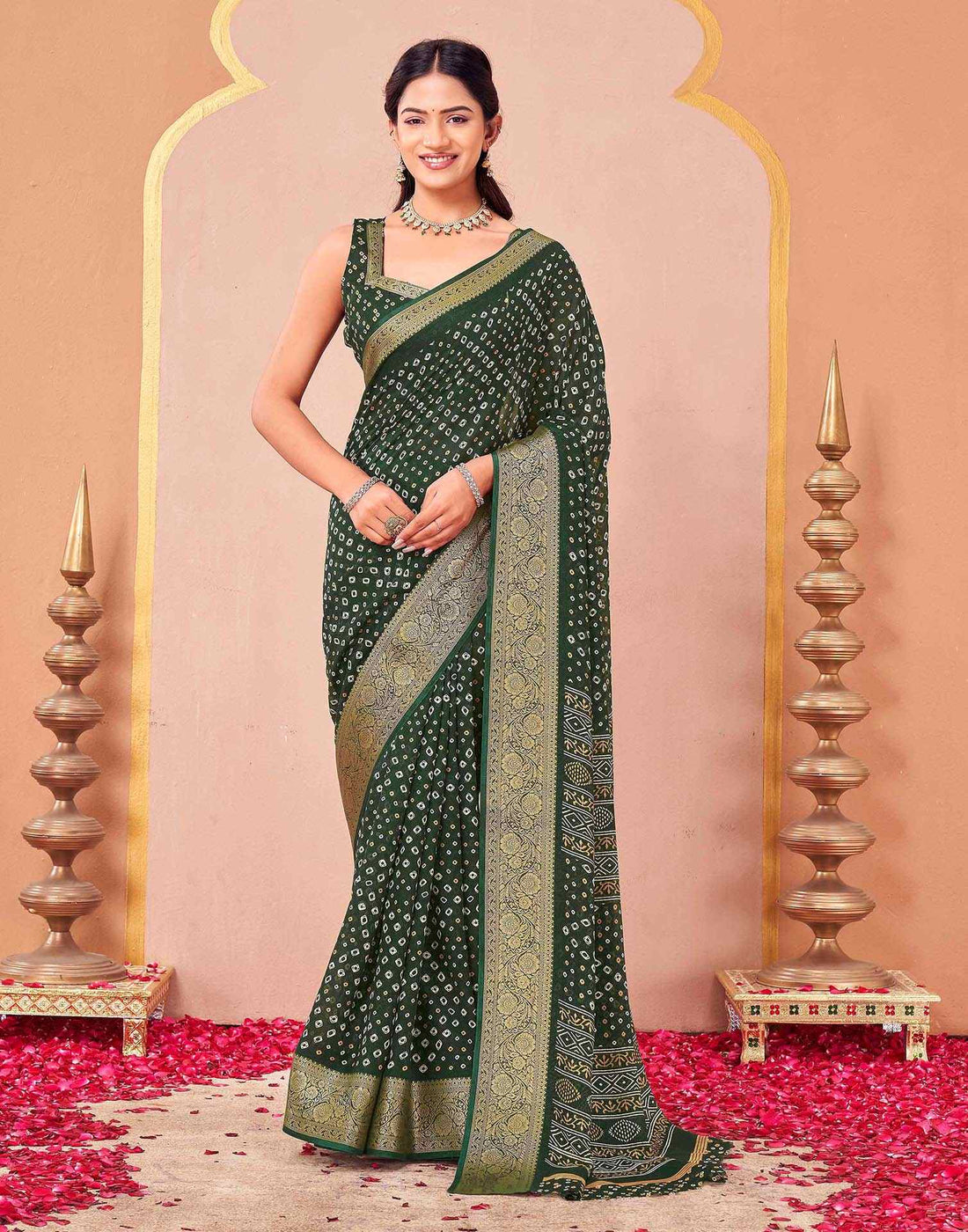 Green Georgette Bandhani Printed Saree
