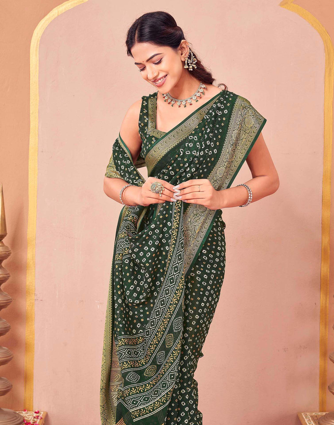 Green Georgette Bandhani Printed Saree
