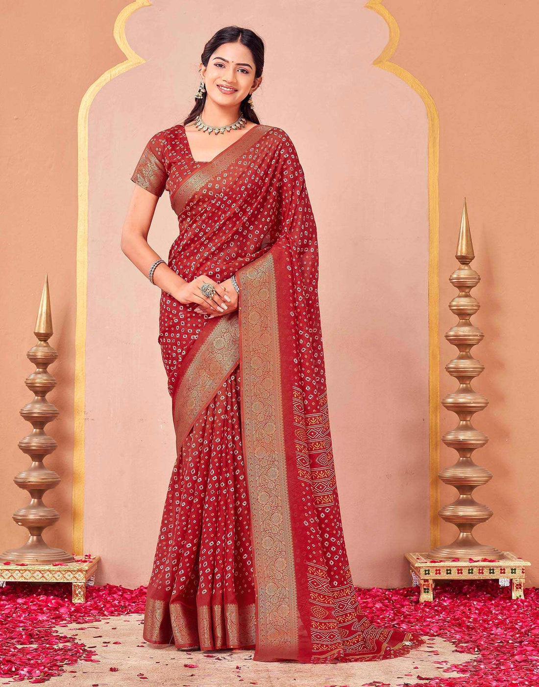 Red Georgette Bandhani Printed Saree
