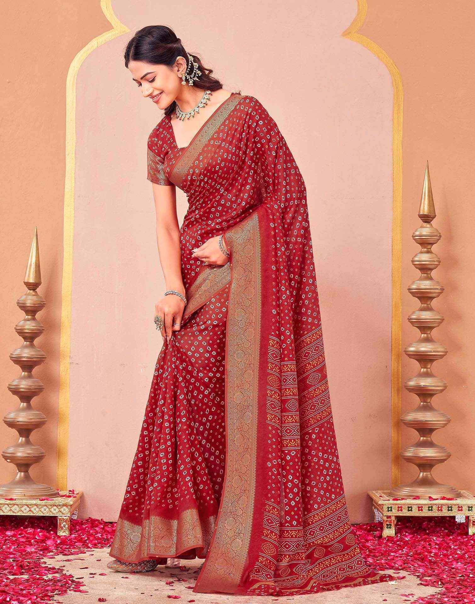 Red Georgette Bandhani Printed Saree