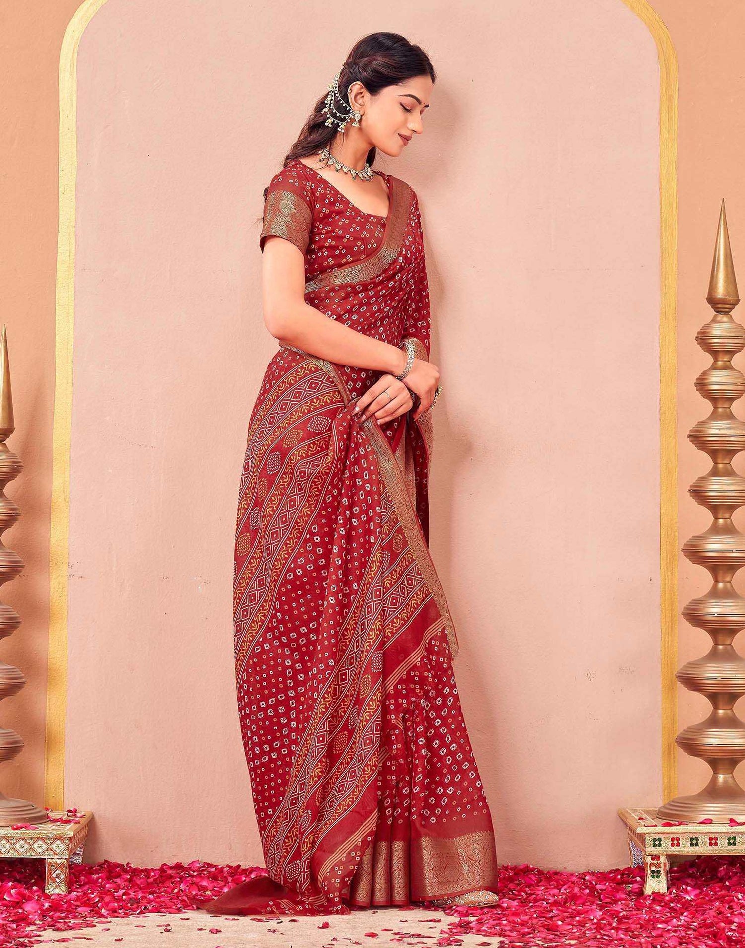 Red Georgette Bandhani Printed Saree