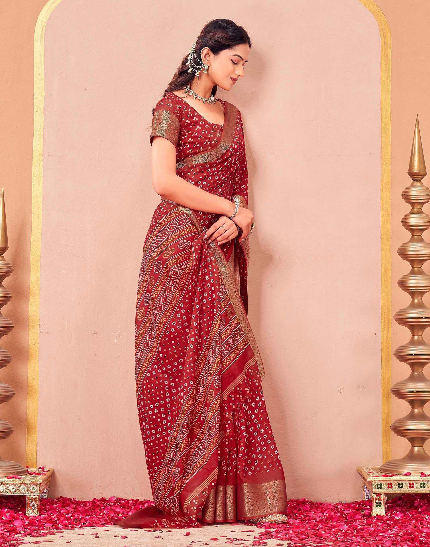 Red Georgette Bandhani Printed Saree