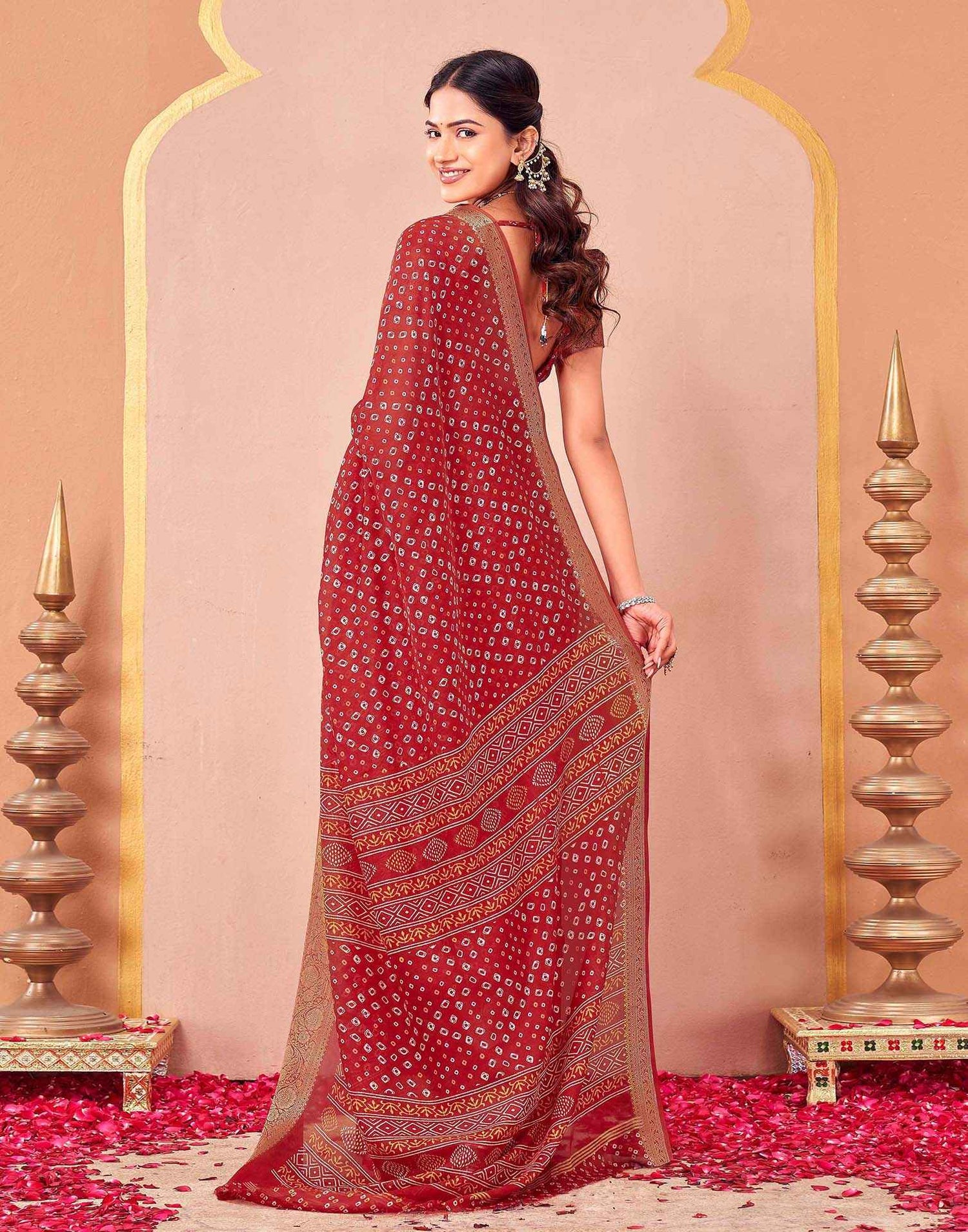 Red Georgette Bandhani Printed Saree