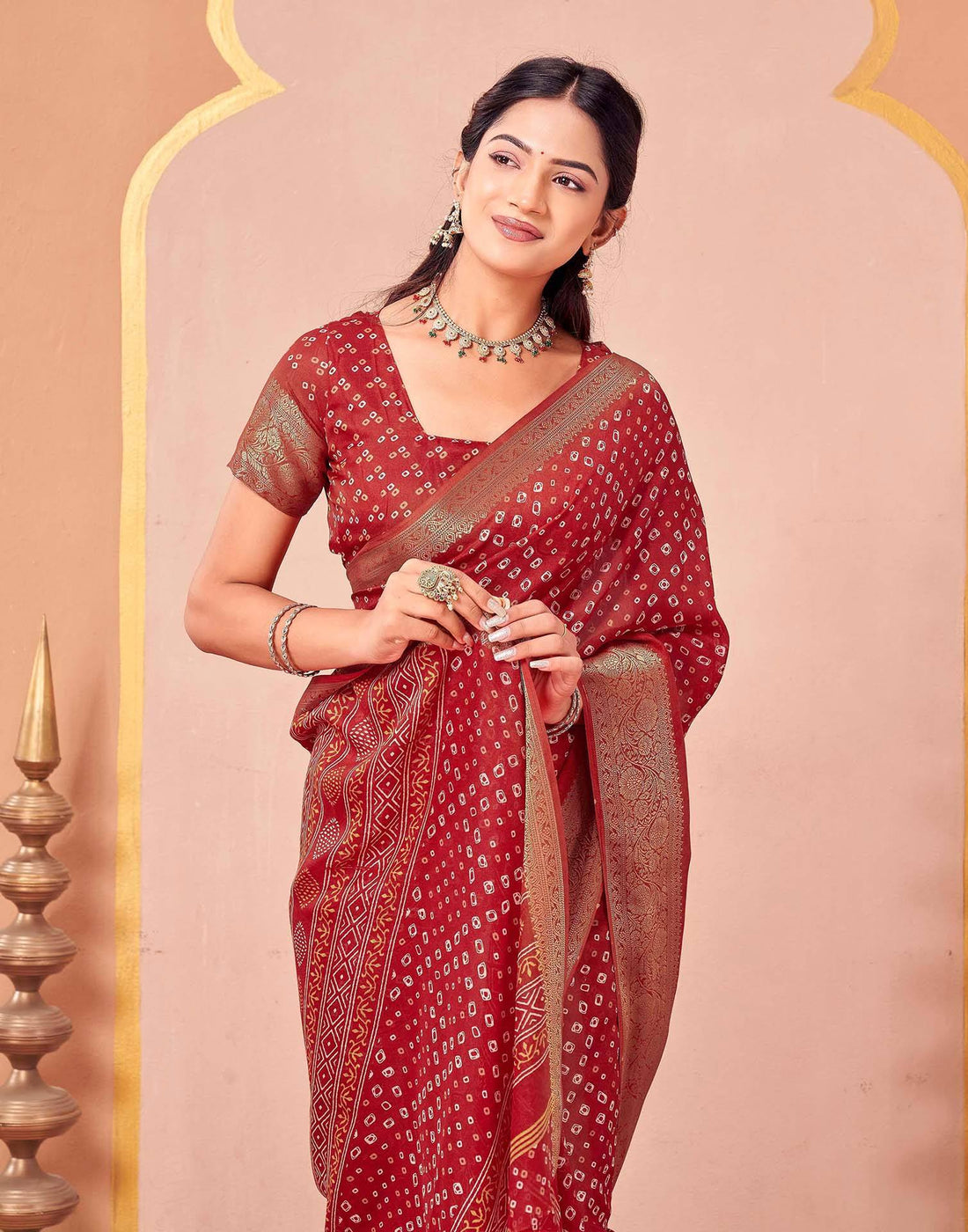 Red Georgette Bandhani Printed Saree