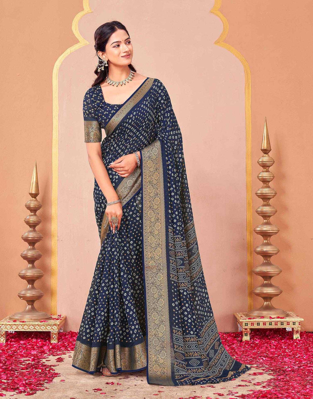 Navy Blue Georgette Bandhani Printed Saree