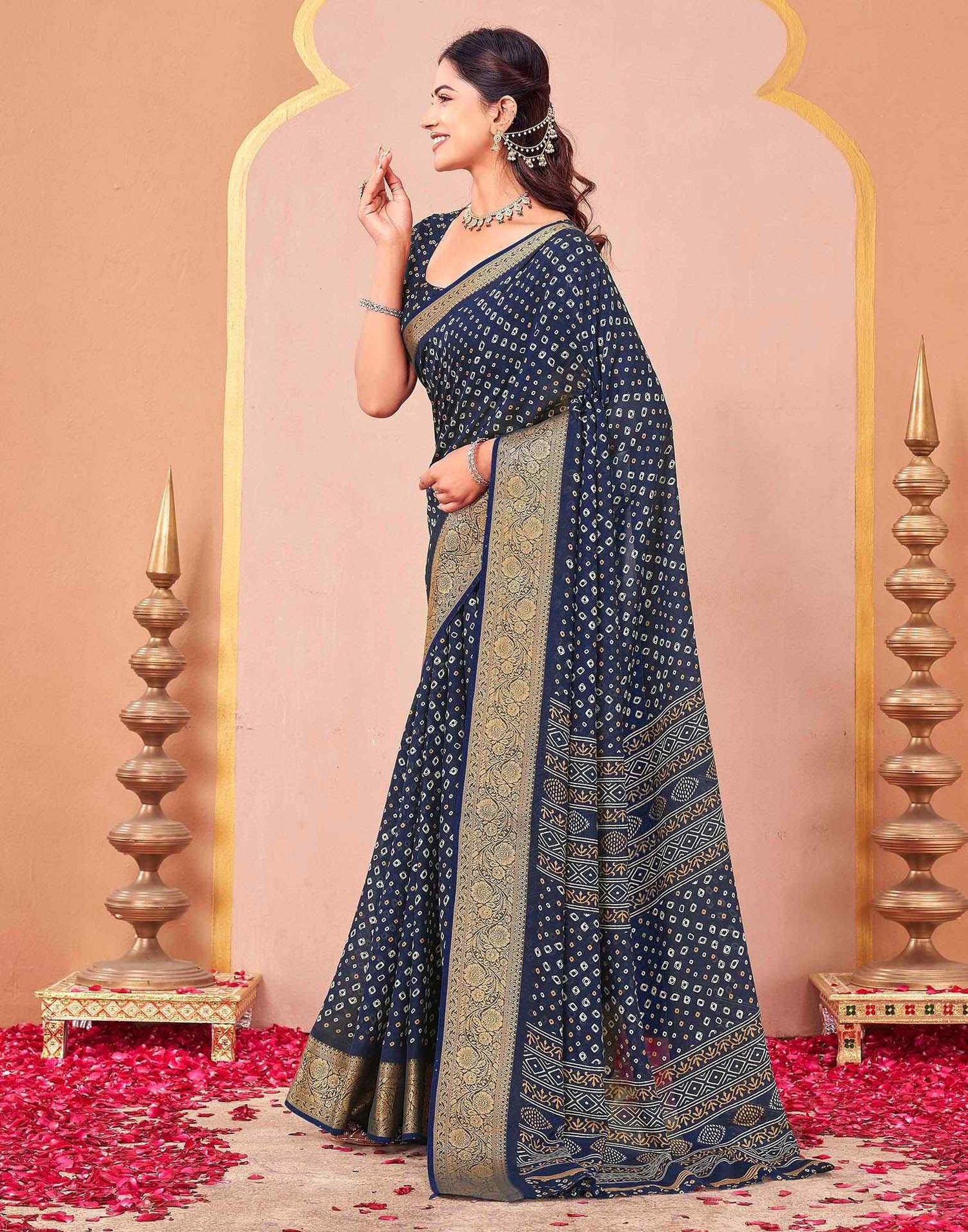 Navy Blue Georgette Bandhani Printed Saree