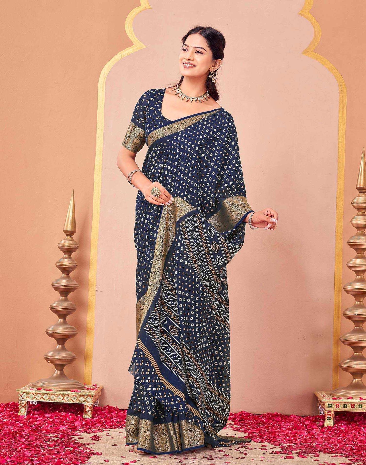 Navy Blue Georgette Bandhani Printed Saree
