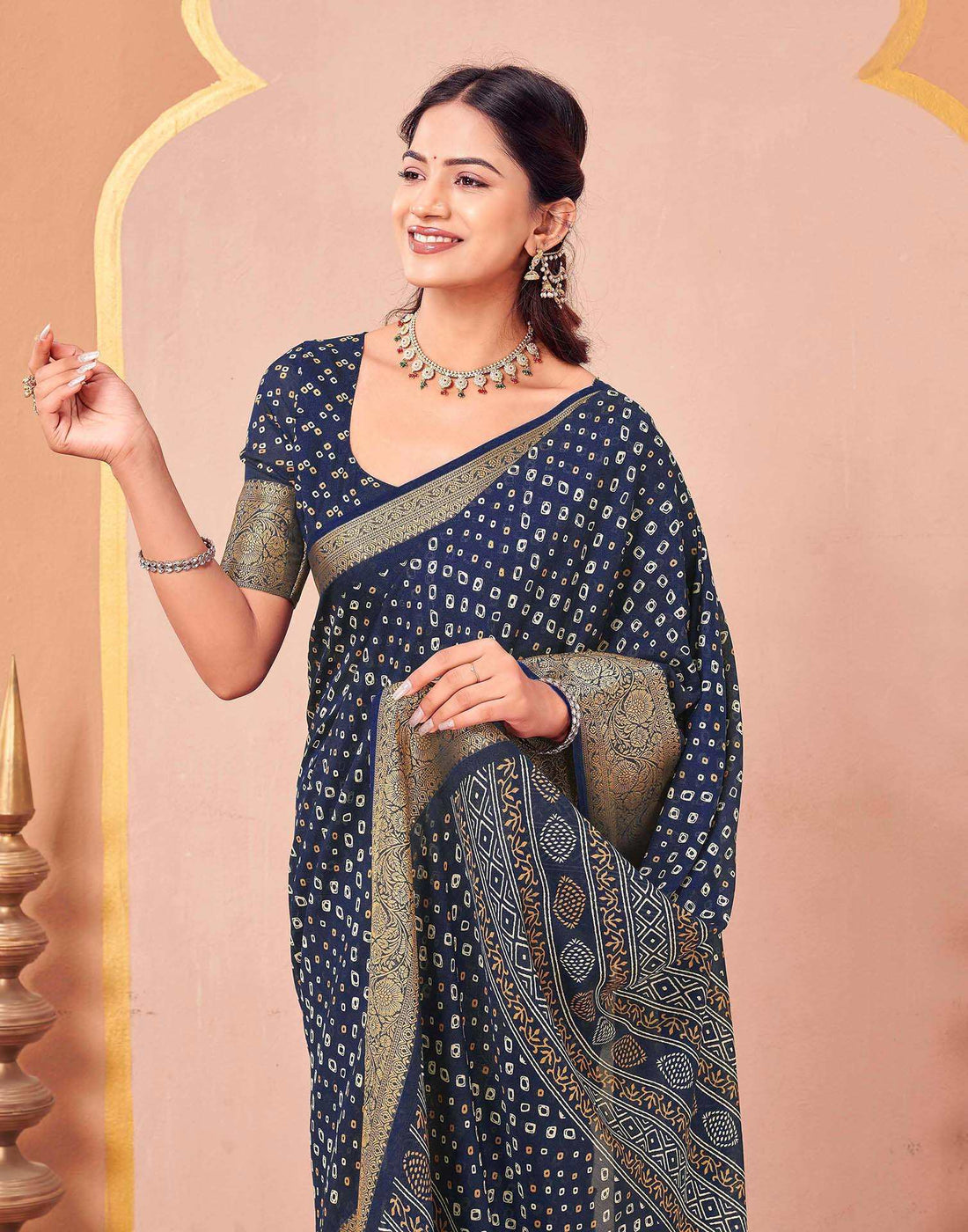 Navy Blue Georgette Bandhani Printed Saree