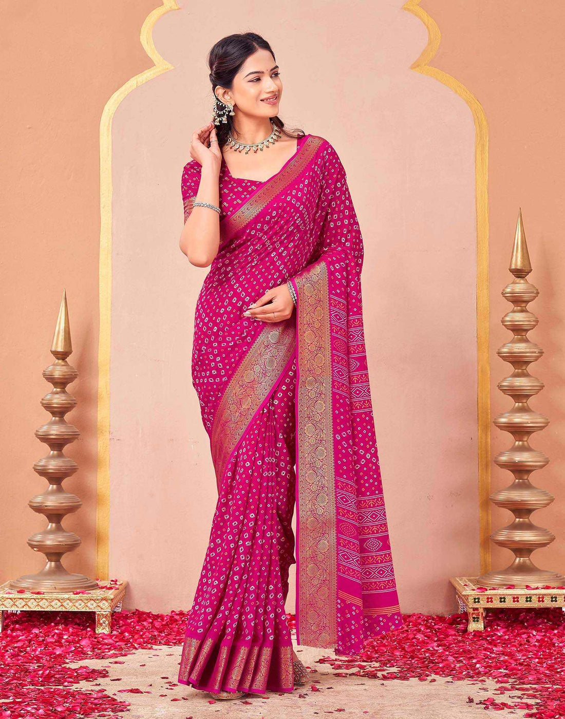 Rani Pink Georgette Bandhani Printed Saree