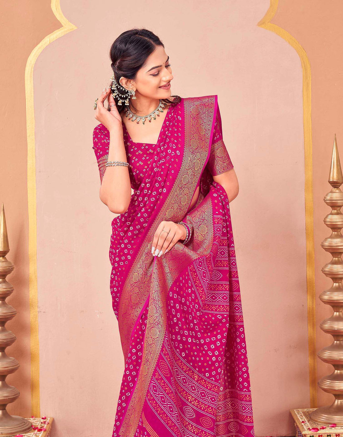 Rani Pink Georgette Bandhani Printed Saree
