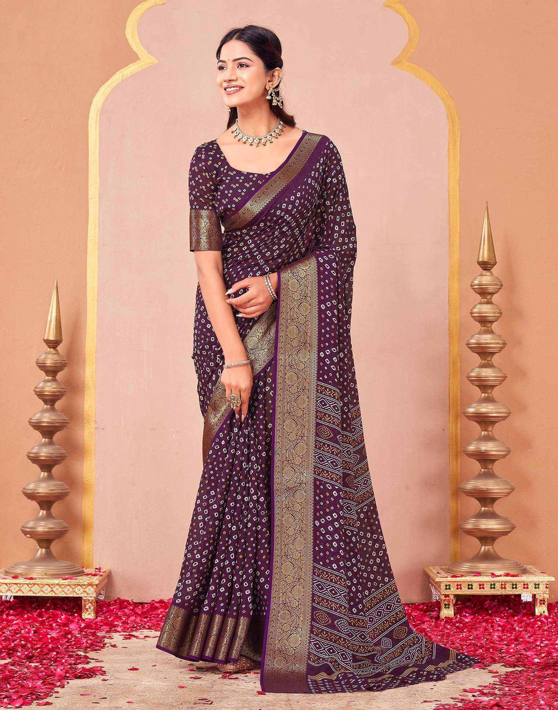Wine Georgette Bandhani Printed Saree