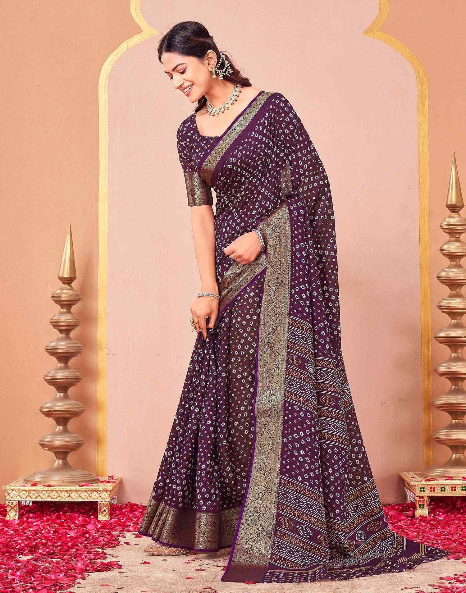 Wine Georgette Bandhani Printed Saree