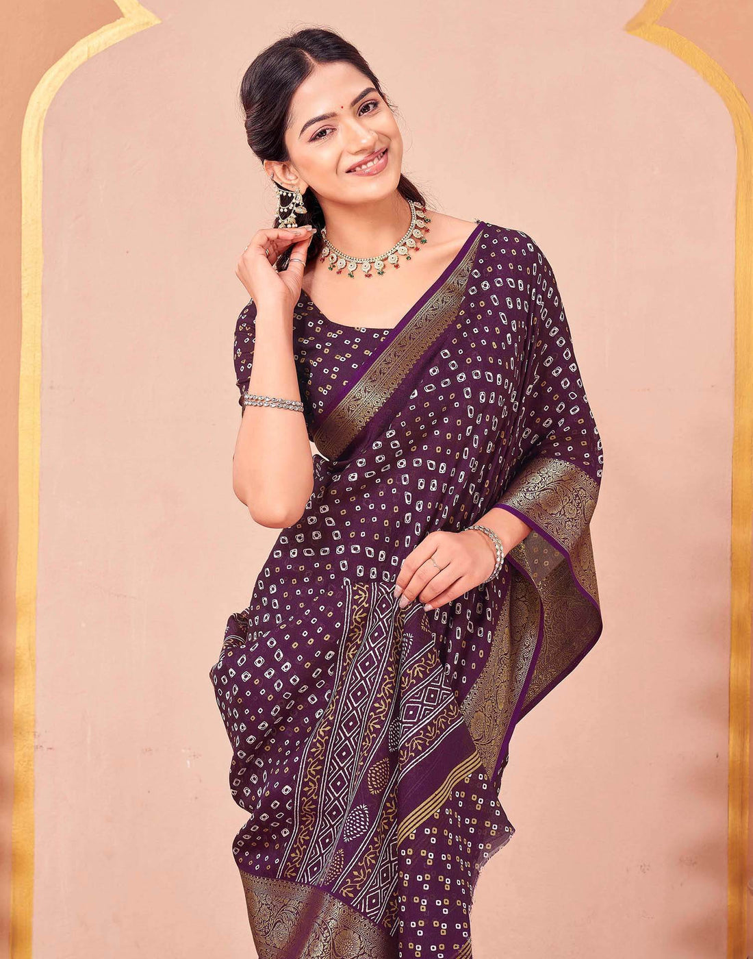 Wine Georgette Bandhani Printed Saree
