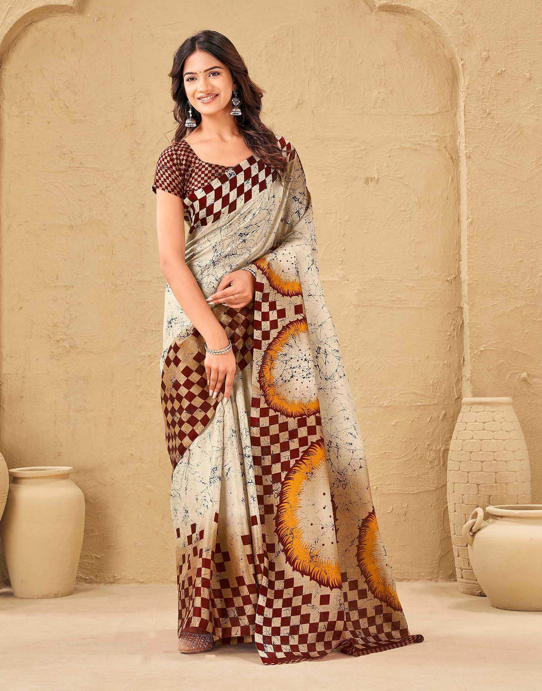 Beige Khadi Printed Saree