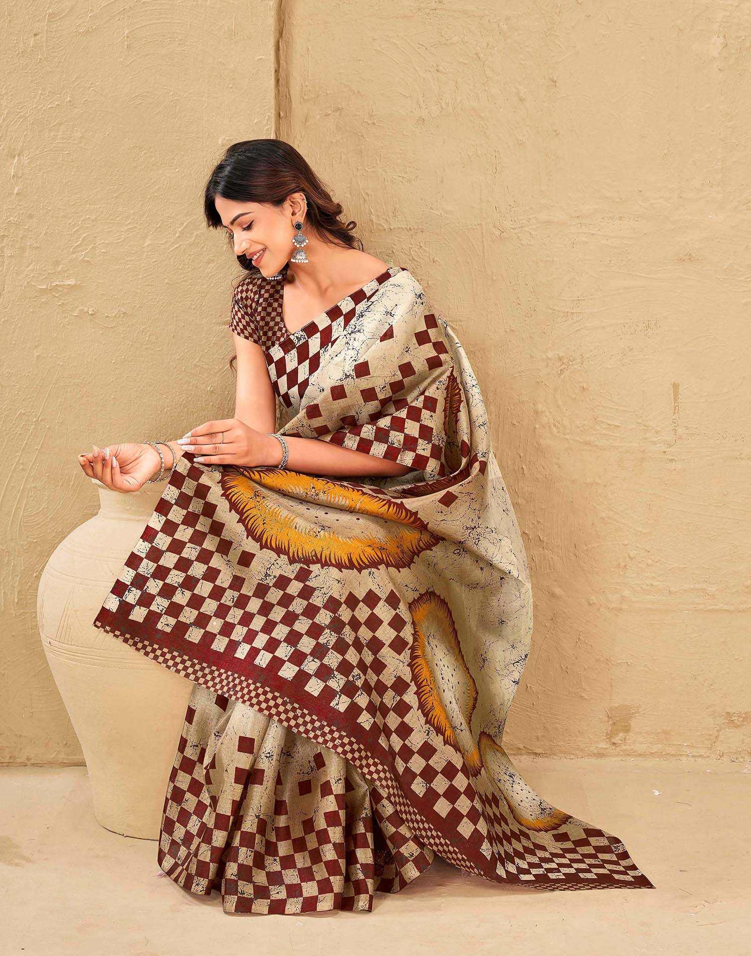 Beige Khadi Printed Saree
