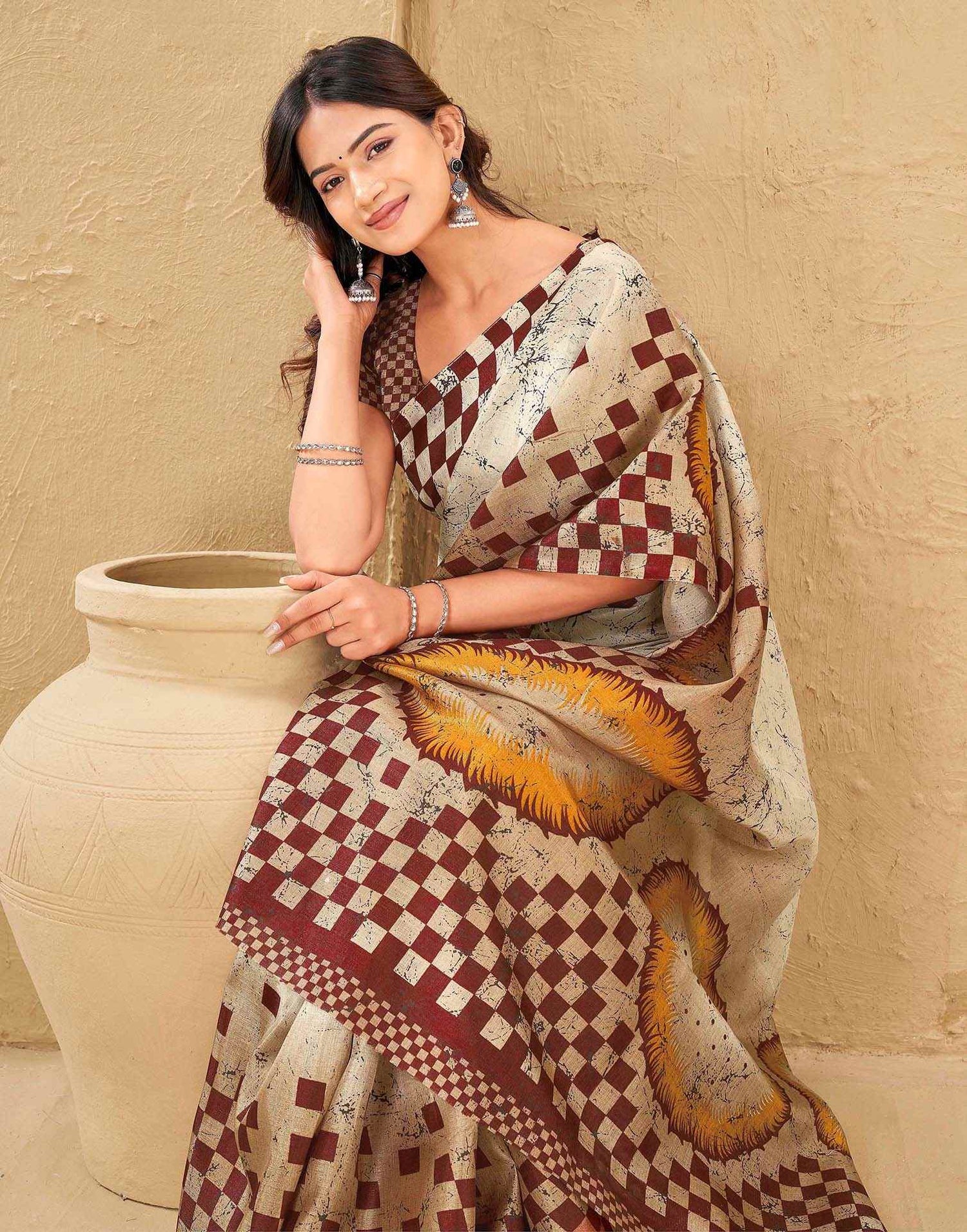 Beige Khadi Printed Saree